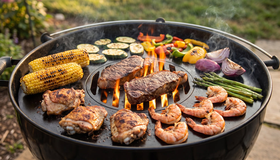 Steaks, chicken, shrimp, corn and vegetables cooking at the same time on the Arteflame griddle ring and center grate in a charcoal kettle grill